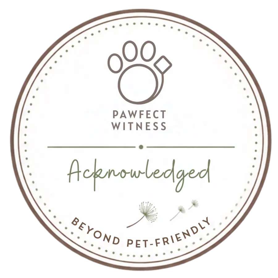 Round Pawfect Witness Acknowledged badge reading Beyond Pet-Friendly